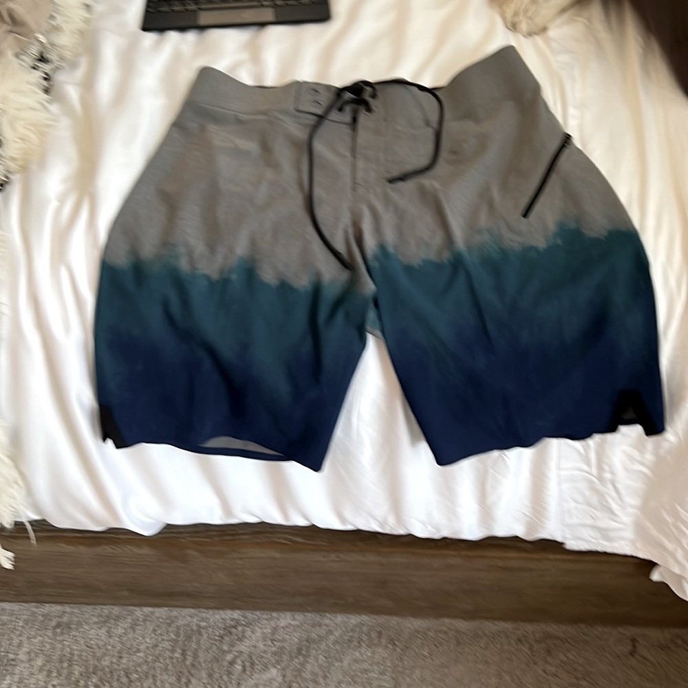 Lululemon Size M Swimsuit  Blue/ turquoise/gray Mens swimsuit with zip pocket.